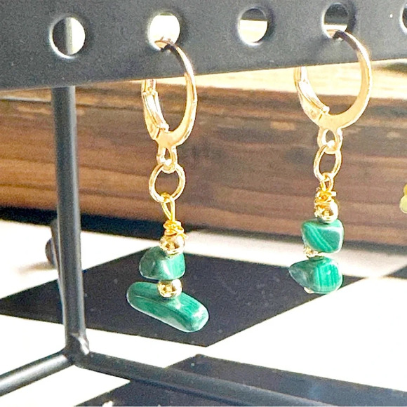 Malachite gold long dangle earrings/ creativity heart chakra/ minimalist - Picture 2 of 8